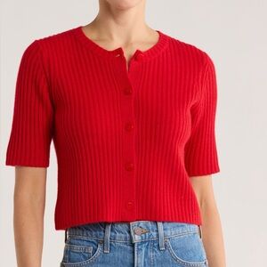 100% Cashmere Red Ribbed Button-Up Sweater Top - Magaschoni - Size L - NWT